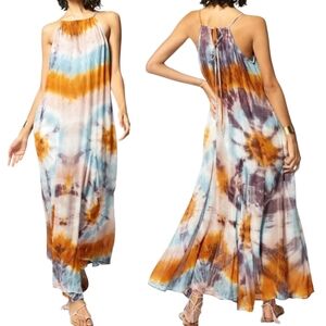 YOUNG FABULOUS & BROKE SzS ELIE TRAPEZE TIE DYE MAXI DRESS PINK SILVER VENUS Med